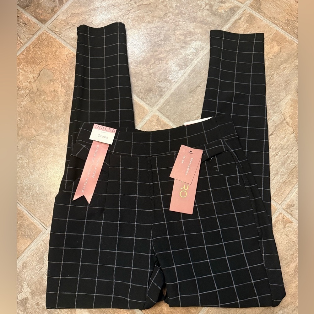 INDERO Scuba Windowpane Plaid Slim Leg Pants Capsule Size S/M Black Checker NWT - Picture 2 of 5